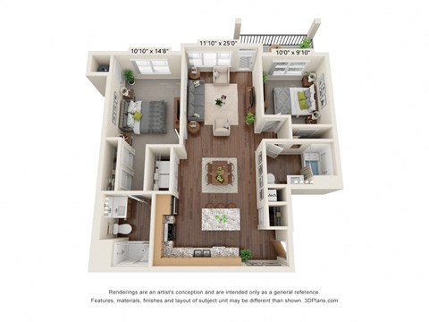 Floor plan for 2 beds, 2 baths, 980 sqft